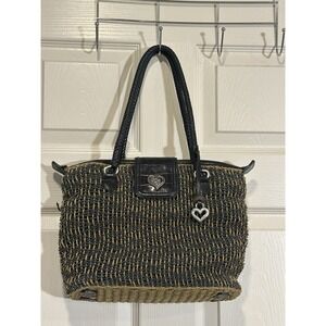 Brighton Black & Tan Woven Straw Rattan & Braided Leather Shoulder Bag